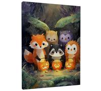 Cute Halloween Animal Canvas Wall Art, Orange Black Violet Fox Raccoon Hedgehog Decor, Fanciful Fall Aesthetic for Living Room, Bedroom, 16x20 Inch