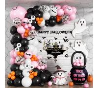 Cute Halloween Balloon Arch Garland Kit, 120pcs Pastel Witch Halloween Balloons with Spider & Bat Decor, Pink Black Orange Spooky Balloon for Girls Baby Shower halloween Boo Indoor Party Decorations