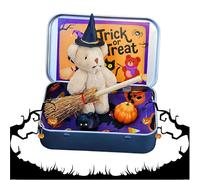 Cute Halloween Bear in a Box, Pocket Little Bears Hug with Wizard Hat & Broom, Emotional Support Gifts, Halloween Positive Gift for Trick or Treat for Kids Friends (White)