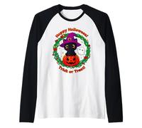 Cute Halloween Black Cat with a Witch Hat Funny Design Raglan Baseball Tee