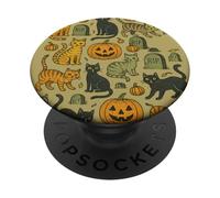 Cute Halloween Cats Pattern with Pumpkins and Spooky Charm PopSockets Adhesive PopGrip
