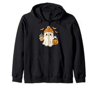 Cute Halloween For Women Ghost In Beanie Hat Pumpkin Coffee Zip Hoodie