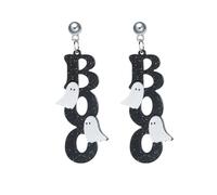 Cute Halloween Ghost Drop Earrings for Ladies, Sparkly Black Glitter Letter Dangle Earrings, Spooky Novelty Costume Accessories for Halloween Party Trick or Treat Occasions