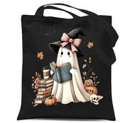 Cute Halloween Ghost Reading Books Tote Bag Fall Pumpkin Book Lovers Gift