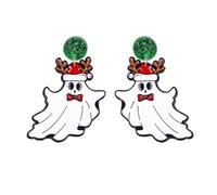 Cute Halloween Ghost Red Santa's Hat Earrings for Women Unique Funny Acrylic Ghost Green Disc Stud Dangle Earrings Handmade Lightweight Spooky Statement Earrings Halloween Cosplay Party Jewelry Gift