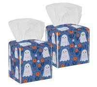 Cute Halloween Ghosts and Flowers Light Blue Background Tissue Box Cover, Square Tissue Holder Decorative Facial Napkin Dispenser for Bathroom Parlors Vanity Countertop Nightstand