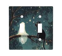 Cute Halloween Ghosts Black Cats Decorative Light Switch Cover Plate 2 Gang Double Toggle, Tree Branch Stars Electrical Faceplate for Kitchen Bathroom, Ghost Switchcover Decor