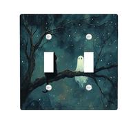 Cute Halloween Ghosts Black Cats Decorative Light Switch Cover Wall Plate 2 Gang Double Toggle, Tree Branch Stars Electrical Faceplate for Kitchen Bathroom, Ghost Switchcover Decor