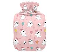 Cute Halloween Ghosts Pink Hot Water Bottle with Cover for Pain Relief Heating Bag for Adults, 1L