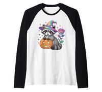 Cute Halloween Kawaii Raccoon Pumpkin Rainbow Witch Hat Rose Raglan Baseball Tee