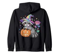 Cute Halloween Kawaii Raccoon Pumpkin Rainbow Witch Hat Rose Zip Hoodie