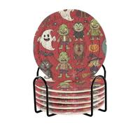 Cute Halloween Monsters Pattern and Holder Set of 6 Minimalist Coasters Housewarming Gift for Home Decor