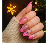 Cute Halloween Press On Nails Short Almond - 24PCS Pink Pumpkin Spider Web Acrylic Fake Nails for Women, Glossy Stick on 3D Gel Design with French Tip, Handmade Jelly Blush almond Shape