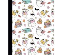 Cute Halloween Reading Ghosts Book Lovers Notebook, College Ruled Lined, 110 Pages, 7.5x9.25, Pastel Goth, Ghost, Pumpkins, Bats, Books