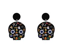 Cute Halloween Sugar Skull Stud Earrings for Women Black Heart Gothic Day of the Dead Accessories Party Gifts, M, Alloy Steel, No Gemstone