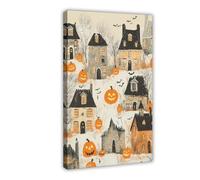Cute Halloween Village Wall Art Whimsical Autumn Home Decor Pastel Tone Spooky Town Canvas Jack-o-lantern Art 20x30inch(50x75cm) Frame