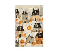 Cute Halloween Village Wall Art Whimsical Autumn Home Decor Pastel Tone Spooky Town Canvas Jack-o-lantern Art 12x18inch(30x45cm) Unframe