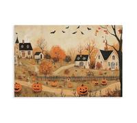 Cute Halloween Village Wall Poster Halloween Holiday Shelf Table Decor Fall Tone Pumpkin October Scenery Painting 20x30inch(50x75cm) Unframe