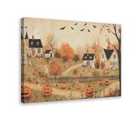 Cute Halloween Village Wall Poster Halloween Holiday Shelf Table Decor Fall Tone Pumpkin October Scenery Painting 16x24inch(40x60cm) Frame