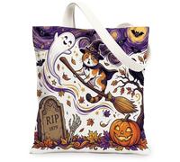 Cute Halloween Witch British Shorthair Cat Canvas Tote Bag for Shopping 13x15, Fun Creepy Cemetery Reusable Grocery Print Pattern Bag for Women, Spooky Beach Aesthetic Painting Gift Decor