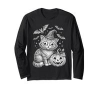 Cute Halloween Witch Cat Pumpkin Bats Design Long Sleeve T-Shirt