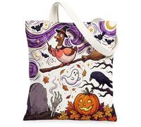 Cute Halloween Witch Duck Canvas Tote Bag for Shopping 13x15, Fun Creepy Scary Cemetery Reusable Grocery Print Pattern Bag for Women, Spooky Beach Aesthetic Painting Gift Decor