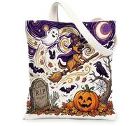 Cute Halloween Witch German Shepherd Dog Canvas Tote Bag for Shopping 13x15, Fun Creepy Cemetery Reusable Grocery Print Pattern Bag for Women, Spooky Beach Aesthetic Painting Gift Decor