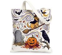 Cute Halloween Witch Golden Retriever Dog Canvas Tote Bag for Shopping 13x15, Fun Creepy Cemetery Reusable Grocery Print Pattern Bag for Women, Spooky Beach Aesthetic Painting Gift Decor