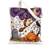Cute Halloween Witch Hedgehog Canvas Tote Bag for Shopping 13x15, Fun Creepy Scary Cemetery Reusable Grocery Print Pattern Bag for Women, Spooky Beach Aesthetic Painting Gift Decor