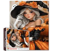 Cute Halloween Witch Jigsaw Puzzle 1000 Pieces for Adults Students Girl in Pumpkin Dress with Ghosts Autumn Leaves Fantasy Art Style 20×27 Inches Fun Fall Holiday Jigsaw Game Gift Puzzle