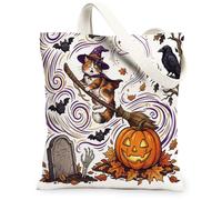Cute Halloween Witch Maine Coons Cat Canvas Tote Bag for Shopping 13x15, Fun Creepy Cemetery Reusable Grocery Print Pattern Bag for Women, Spooky Beach Aesthetic Painting Gift Decor