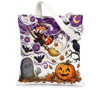 Cute Halloween Witch Red Panda Canvas Tote Bag for Shopping 13x15, Fun Creepy Scary Cemetery Reusable Grocery Print Pattern Bag for Women, Spooky Beach Aesthetic Painting Gift Decor