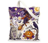 Cute Halloween Witch Rottweilers Dog Canvas Tote Bag for Shopping 13x15, Fun Creepy Cemetery Reusable Grocery Print Pattern Bag for Women, Spooky Beach Aesthetic Painting Gift Decor