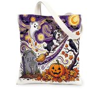 Cute Halloween Witch Scottish Terrier Dog Canvas Tote Bag for Shopping 13x15, Fun Creepy Cemetery Reusable Grocery Print Pattern Bag for Women, Spooky Beach Aesthetic Painting Gift Decor
