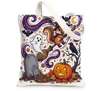 Cute Halloween Witch Squirrel Canvas Tote Bag for Shopping 13x15, Fun Creepy Scary Cemetery Reusable Grocery Print Pattern Bag for Women, Spooky Beach Aesthetic Painting Gift Decor
