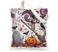Cute Halloween Witch Whippet Dog Canvas Tote Bag for Shopping 13x15, Fun Creepy Cemetery Reusable Grocery Print Pattern Bag for Women, Spooky Beach Aesthetic Painting Gift Decor