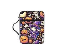 Cute-Halloween-Witches-Pumpkins Bible Cover Case with Handle, Water-Resistant Oxford Fabric Bible Bag Organizer with Zipper Pockets for Church