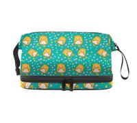 Cute Hamster Floral Double Layer Cosmetic Bag for Women and Girls, Travel Toiletry Bag Makeup Handy Pouch Organiser Bag with Brush Compartment