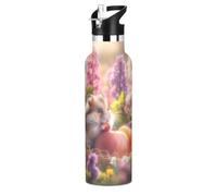 Cute Hamster Hydrangea Water Bottles for Kids Girls Double Wall Vacuum Insulated Water Bottle Stainless Steel Tumbler Travel Cup with Straw Lid for Hot or Cold Drinks 20oz