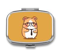 Cute Hamster Wearing Glasses Pill Box 2 Compartment, Portable Pill Case with Mirror for Pocket Purse Travel, Mini Metal Medicine Organizer for Vitamins Fish Oil