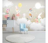 Cute Hand Drawn Cartoon Rabbit Flamingo White Clouds 3D Wallpaper Silky Texture Home Study Office Grey Dining Room Sofa Bedroom Living Room TV Backdrop-300cm×210cm