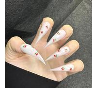 Cute Hand Drawn Cherry Claw Press on Nails Long Stiletto Gothic Punk Style Reusable Thick Acrylic Press on Nails Cat Dragon Eagle Claw False Nail with Designs Glossy Glue on Nail (L)