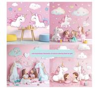cute hand-drawn illustration of unicorn coloring book for girls: with a pink background featuring white clouds and hearts. The style is cute, a ... wallpaper pattern. The colors are pastel