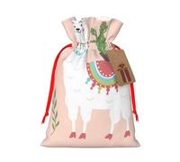 Cute Hand Drawn Llama Printed Christmas Drawstring Bags with Red Ribbon - Reusable Burlap Drawstring Gift Pouches, M