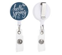 Cute Hand-Drawn Words Hello Spring on Blue Retractable Badge Holder Reel Clip ID Card Holder for Doctor Nurse Student Office Worker