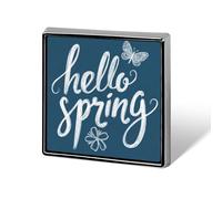 Cute Hand-drawn Words Hello Spring on Blue Unisex Brooches & Pins Square Lightweight Lapel Badge Jewelry for Clothing Shawl Hat
