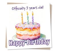 Cute Happy 3rd Birthday Card For Loved One - Cake, Candles - Officially 3 Years Old - For Toddler, Child, Niece, Nephew