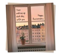 Cute Happy Anniversary Card For Partner - Morning View, Romantic - I Love Waking Up Each Day With You - For Husband, Wife, Girlfriend, Boyfriend