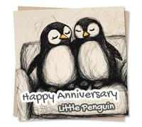 Cute Happy Anniversary Card For Your Loved One - Penguins, Cuddle, Sofa - Little Penguin - For A Special Someone, Husband, Wife, Partner, Girlfriend, Boyfriend