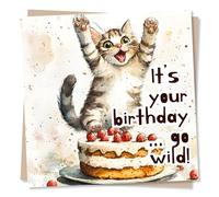 Cute Happy Birthday Card For a Cat Lover - Go Wild, Jumping, Animal Lover, Cakes - Humour, Funny - For a Special Someone, Friend, Family, Partner, Relative